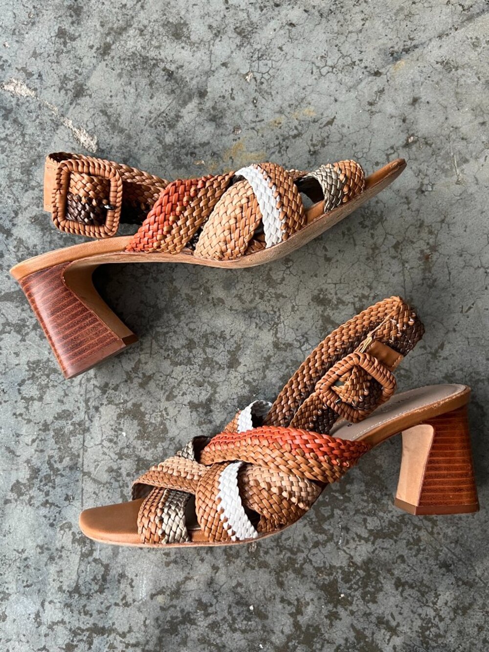Donald / Pliner Vara Woven Leather Chunky Heel Sandals Neutral Brown Boho Size 8